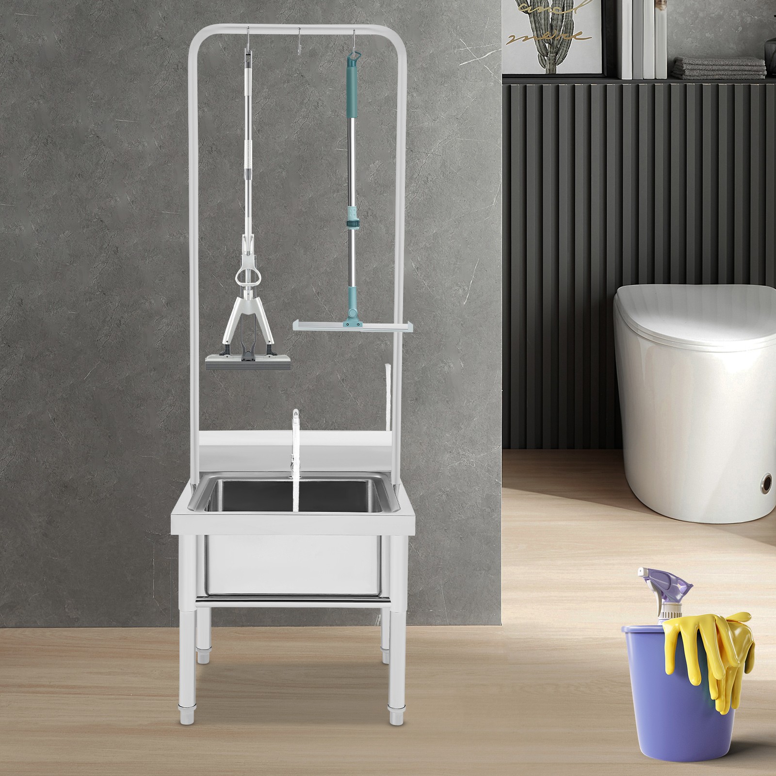 Commercial Mop Sink Stainless Steel Floor Mop Sink with Hanging Rod and Hook