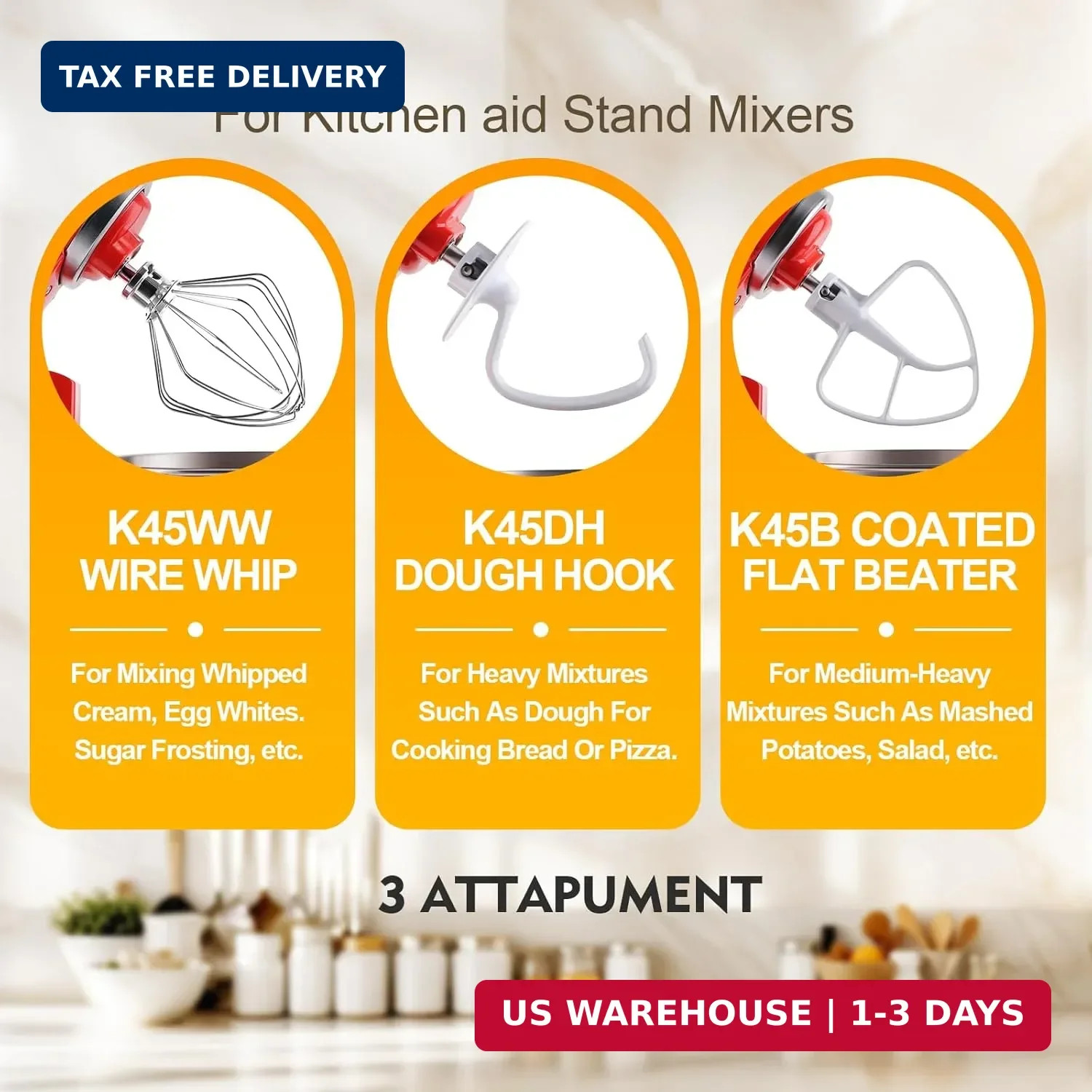 3-Piece Kit Attachments for Kitchenaid Tilt-Head Stand Mixer, Accessories Stainl