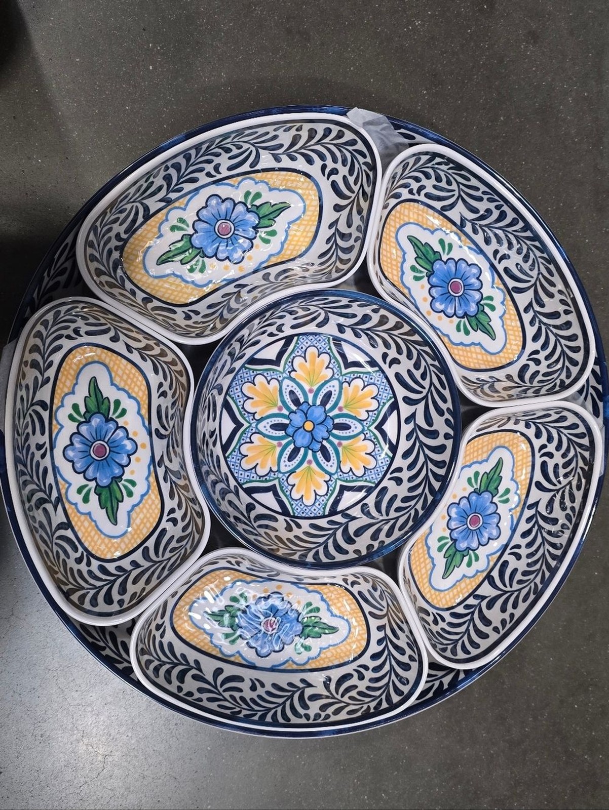 7 Piece Melamine Lazy Susan Divided Serving Dishes Floral Blue