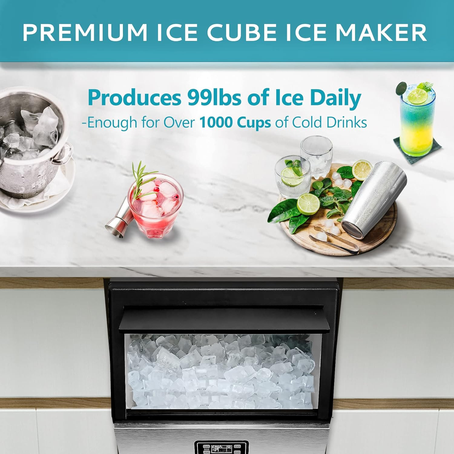 Commercial Ice Maker Machine – 99Lbs Daily Production, 33Lbs Ice Storage, Stainl