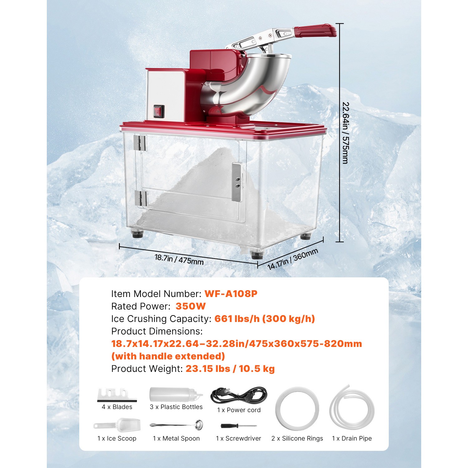 Commercial Ice Crusher 661LBS/H Electric Snow Cone Maker Shaved Ice Red