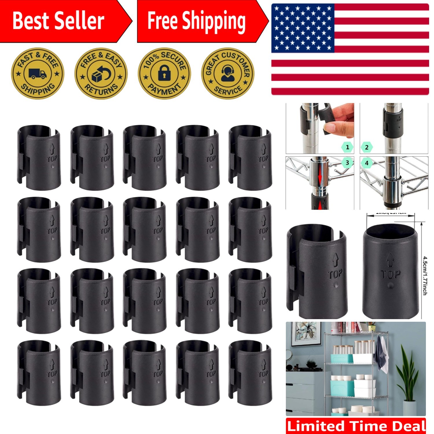 40-Pack Black Shelf Lock Clips for 1″ Posts – Durable Wire Shelving Solution
