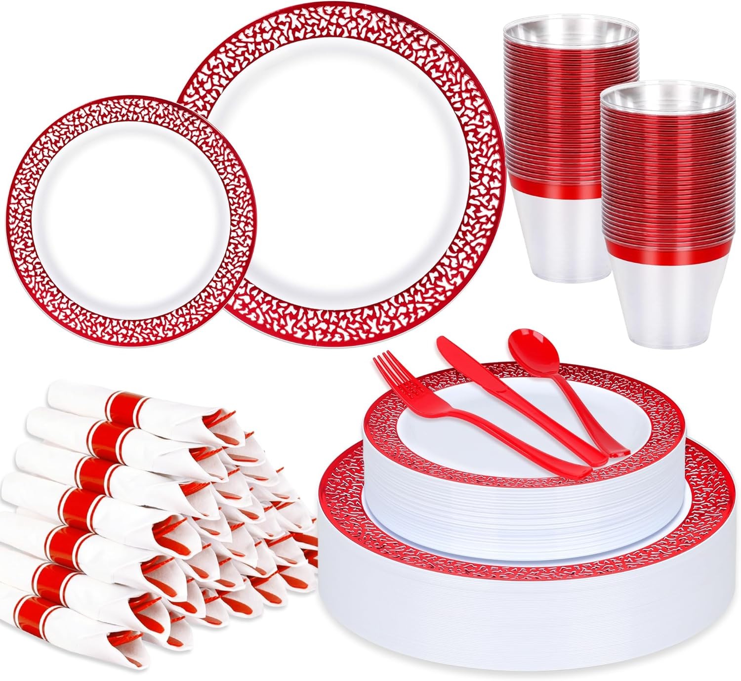 210Pcs Red Plastic Dinnerware for 30 Guests,Red Lace Disposable Plasticc Plates