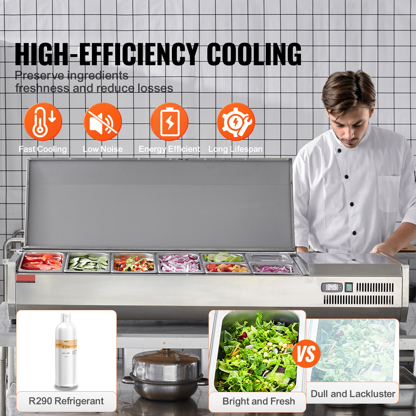 VEVOR 60″ Countertop Condiment Refrigerated Salad Pizza Prep Station w/SUS Cover