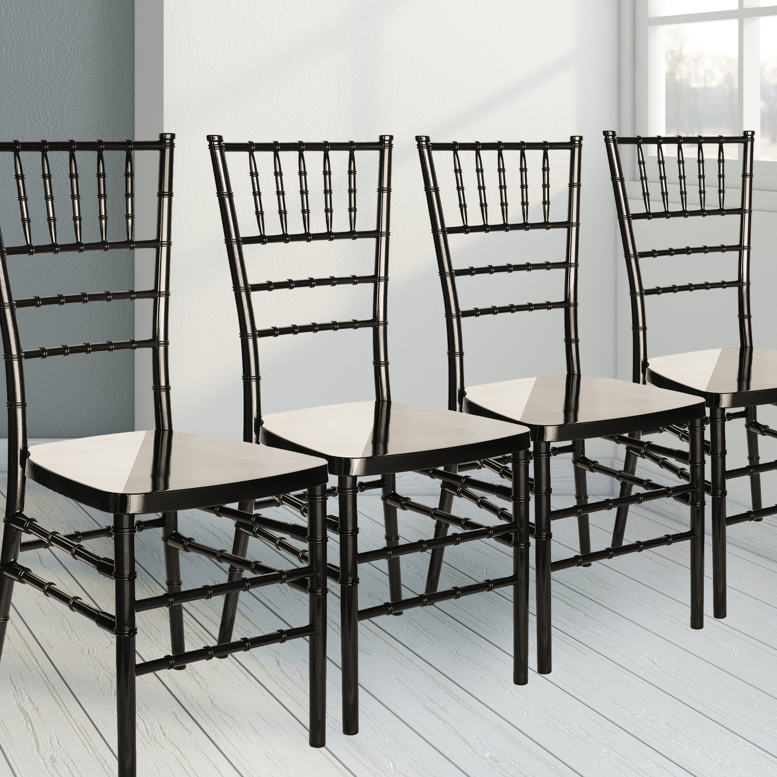 FOH 4pcs Party Black Chiavari Chair Stacking PP Dining Chairs for Wedding Party