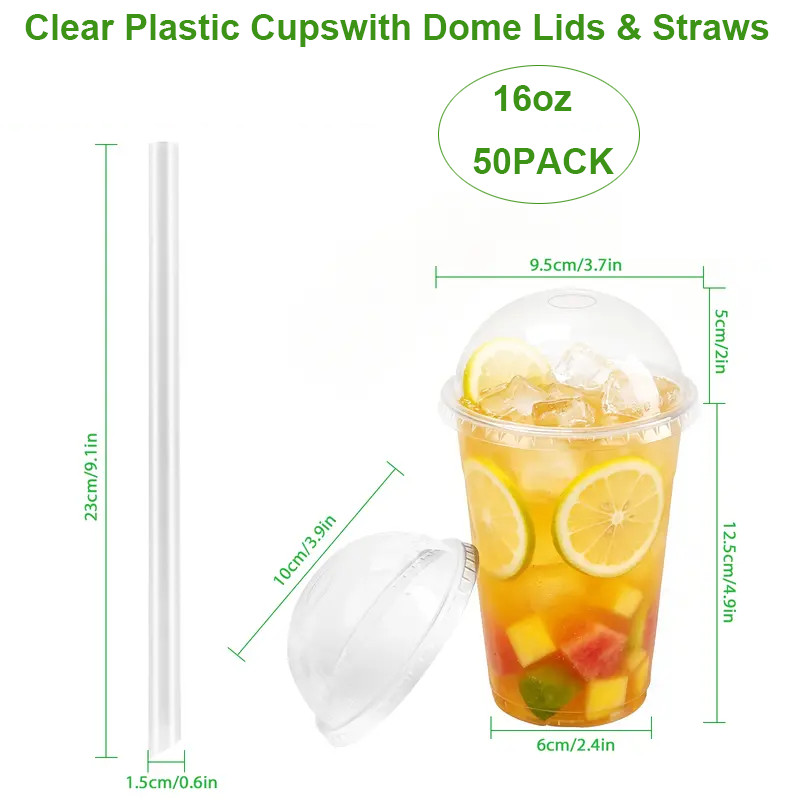 50/100 Pack 16-24oz Clear Plastic Disposable Cups with Dome lids and straws