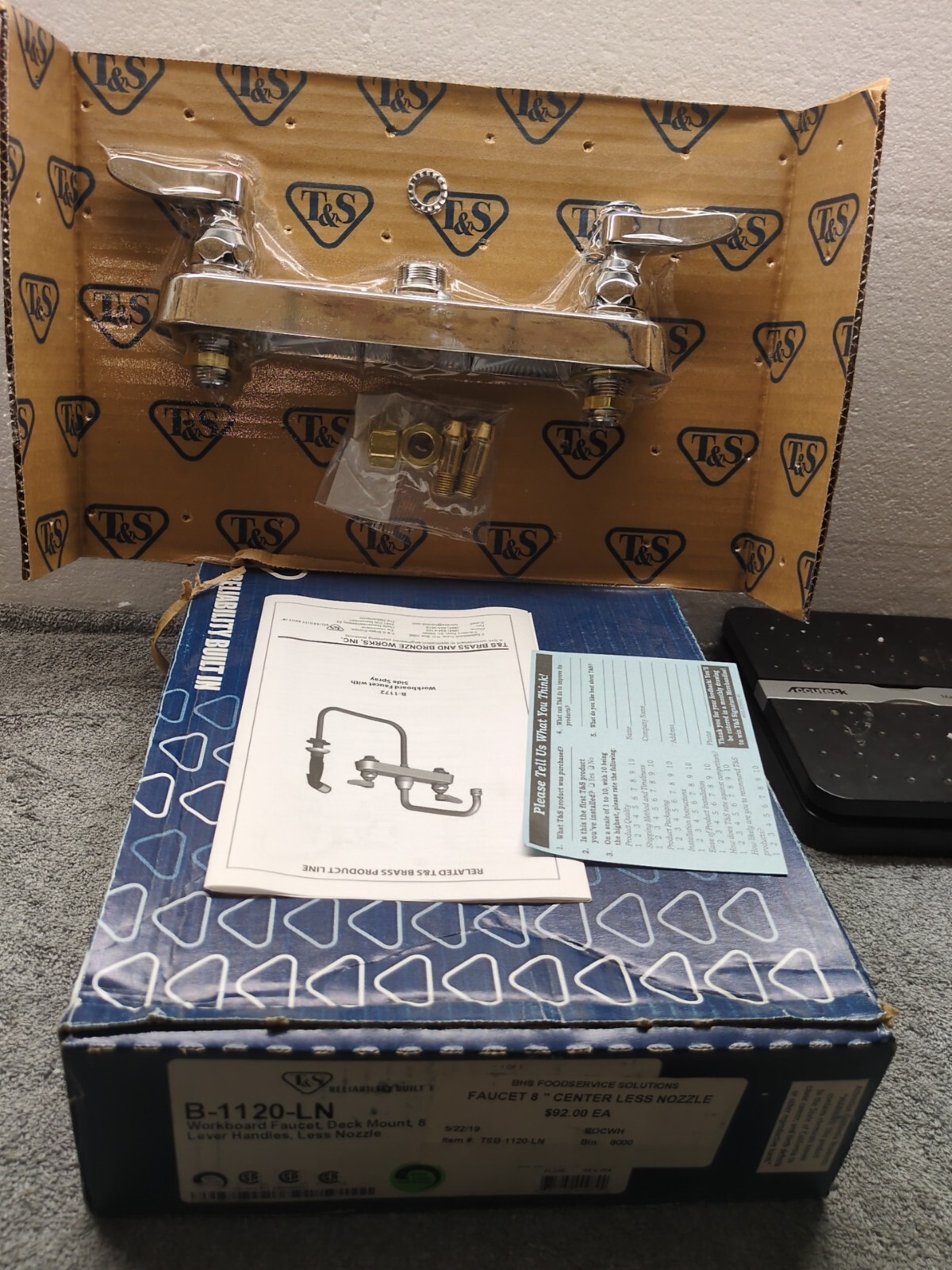 T&S Brass B-1120-LN Workboard Faucet, 8″ Deck Mount, Lever Handles, Less Nozzle