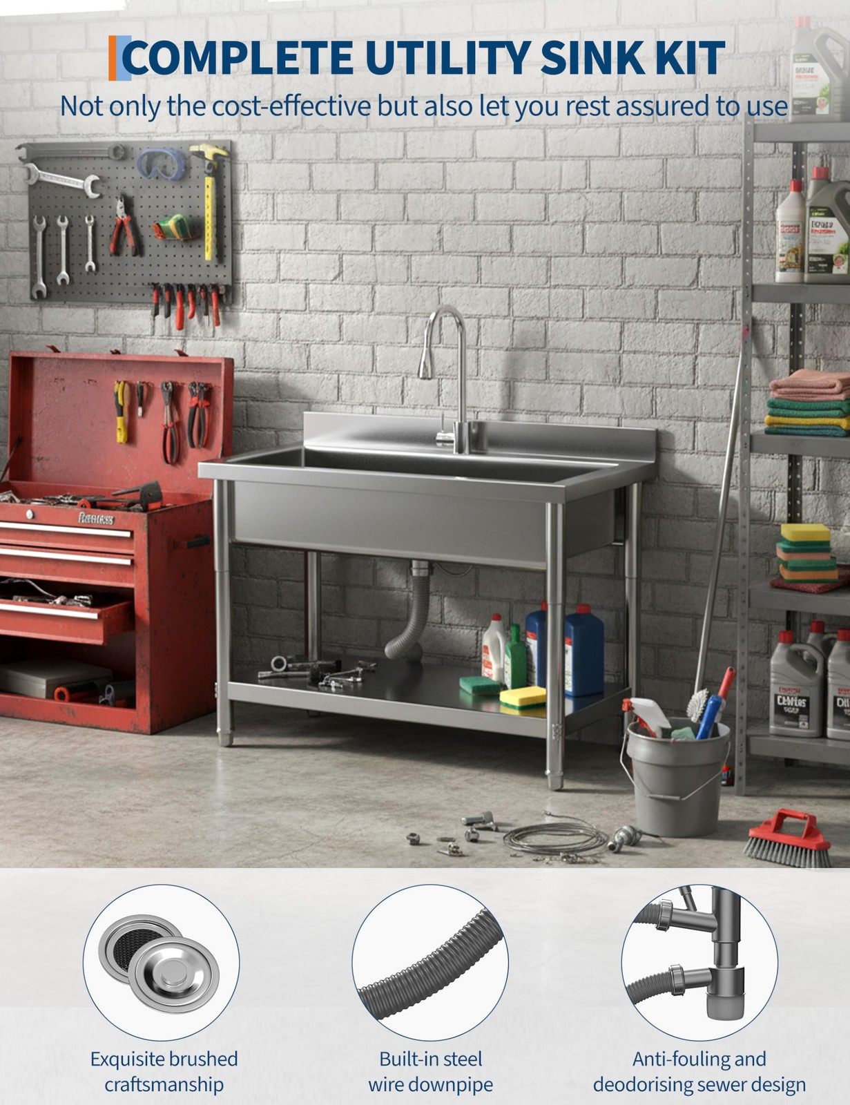 Stainless Steel Utility Sink with Pull-Out Faucet – 39.37”w Freestanding Laundry