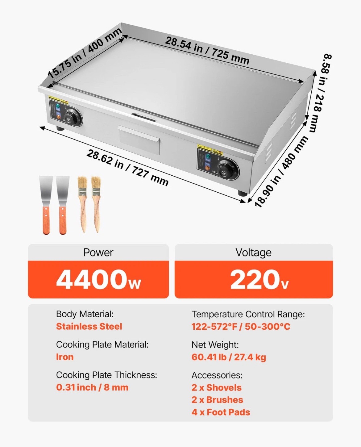 VEVOR Commercial Electric Griddle Countertop Flat Top Grill 28.54 x 15.75 inches