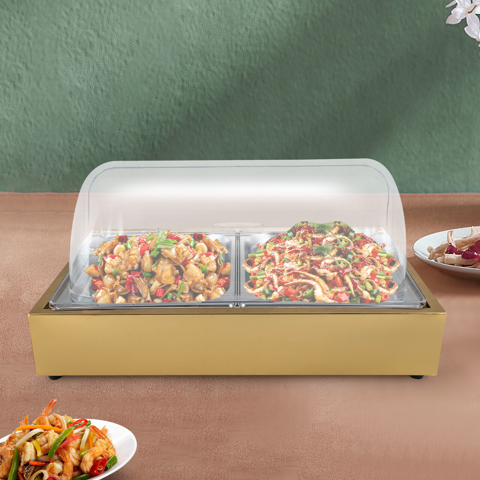 2-Compartments Ice Food Serving Display Tray Buffet Cold Serving Plate Dishes