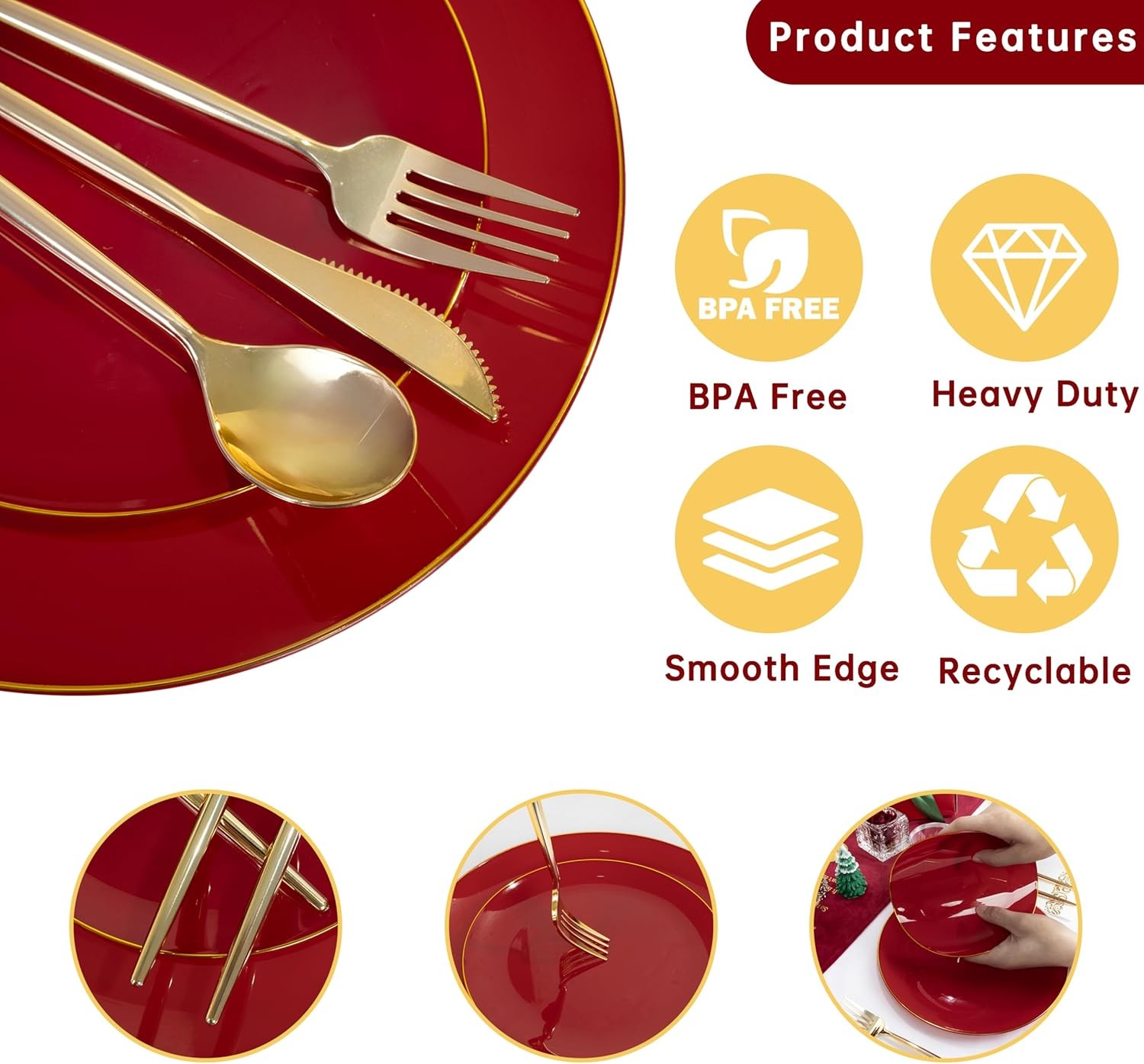 MirthMood 210pcs Red Plastic Plates,Disposable Red Gold Party Plates,Include 30
