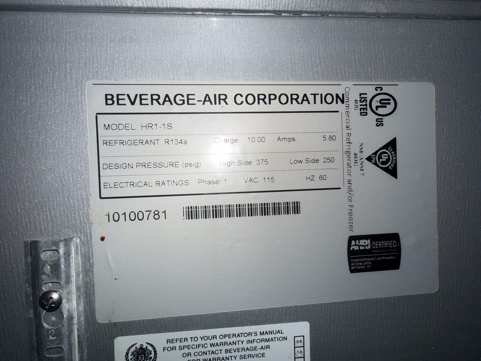 BEVERAGE AIR HR1-1S SINGLE 1 DOOR STAINLESS STEEL REACH-IN REFRIGERATOR COOLER