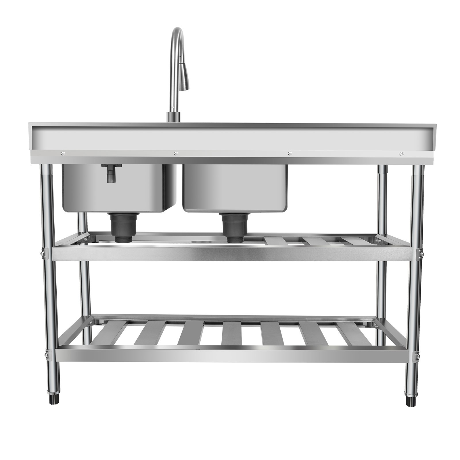 3 Tiers Kitchen Sink w/Pullable Hot&Cold Water Faucet Double Sinks Silver sink