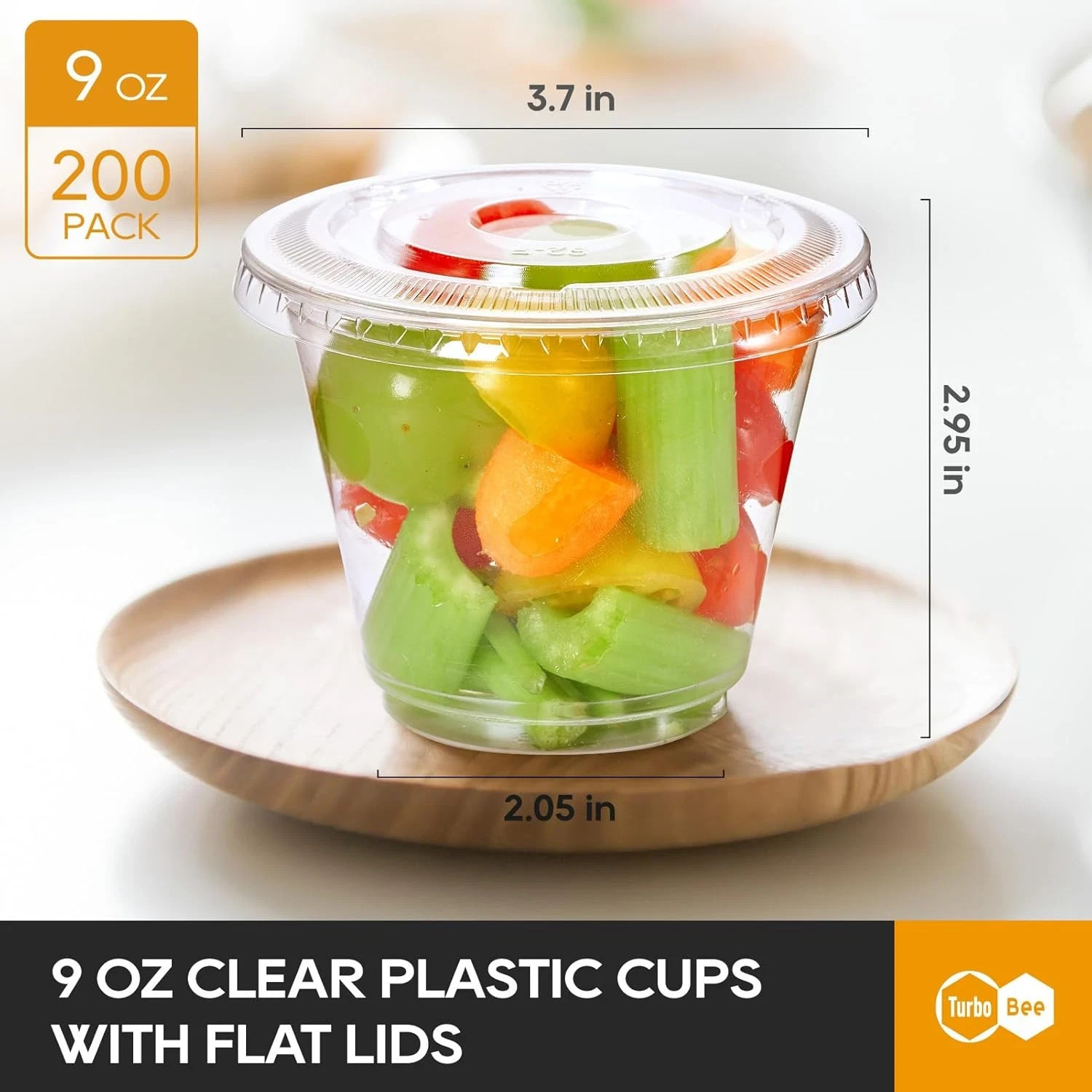 Turbo Bee 200 Pack 9 OZ Clear Plastic Cups with Flat Lids, Disposable Dessert Cu