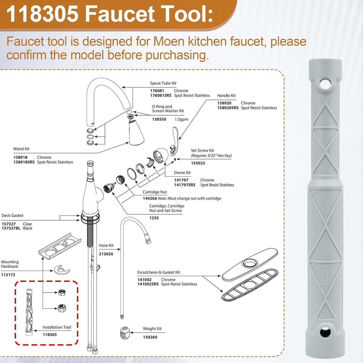118305 Kitchen Faucet Removal Tool for Moen Sink Faucet, Faucet Wrench Tool Help