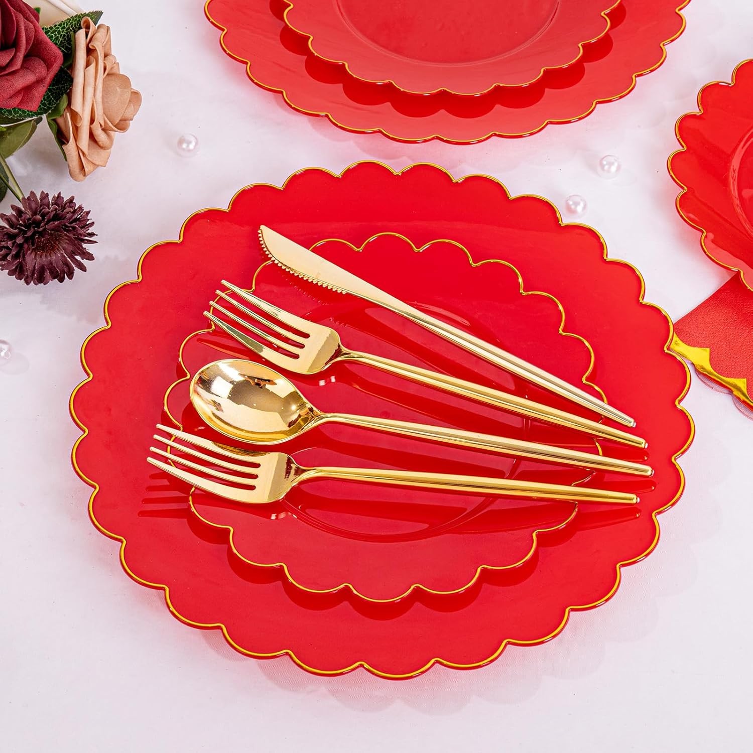LIYH 210 Pcs Red Plastic Plates – Red Disposable Plates and Napkins Set, Gold