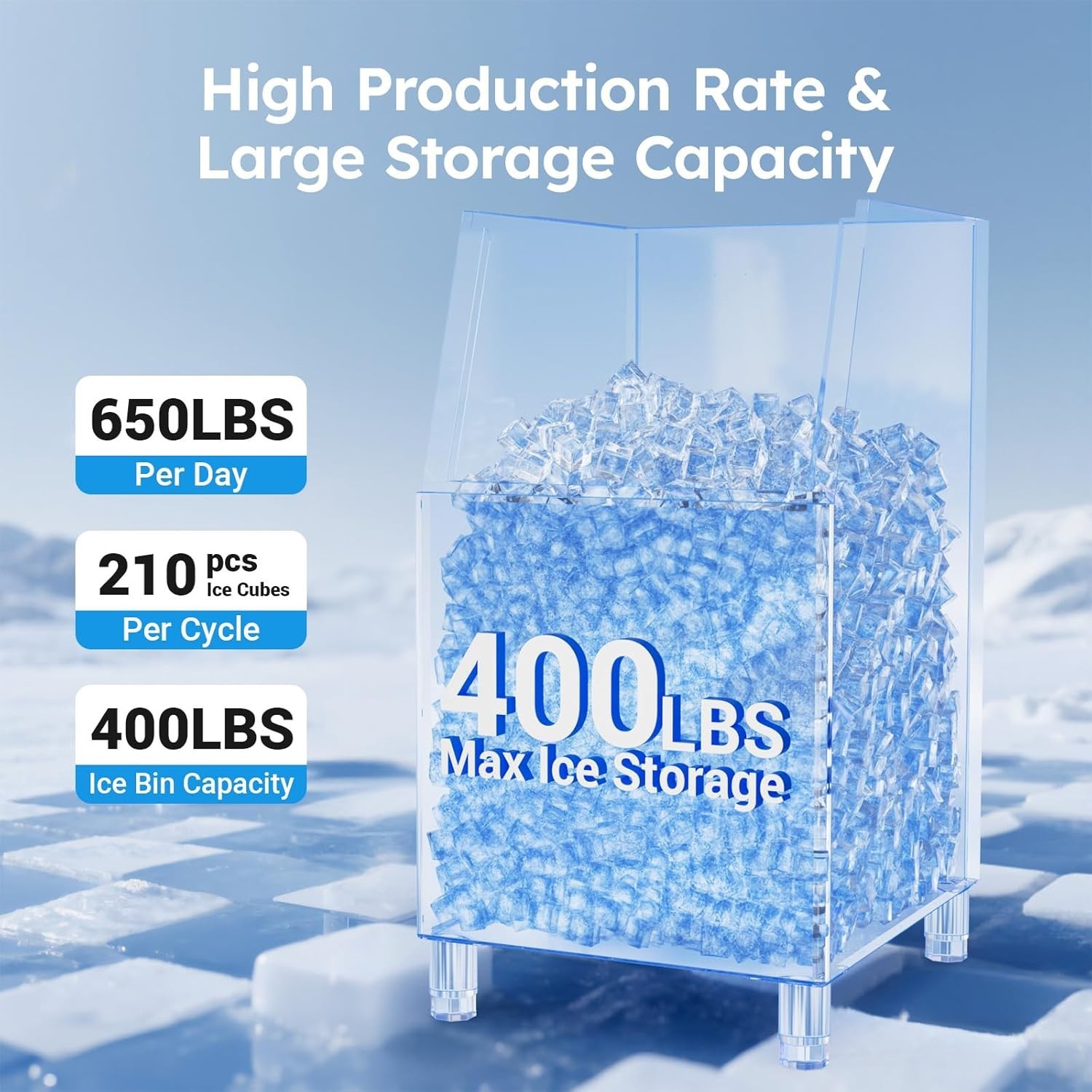 Commercial Ice Maker Machine 650Lbs/24H 400Lbs Storage Bin 210Pcs/CycleIce Cubes