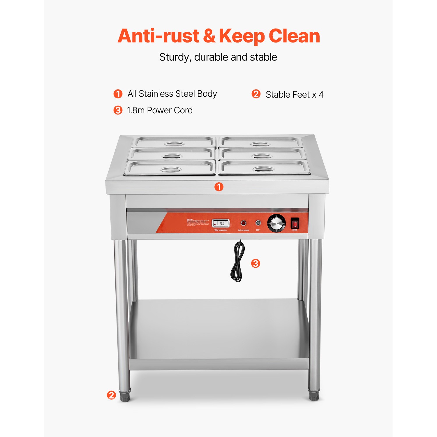 Uimoso Electric Steam Table with Undershelf and Six 1/3 Pans
