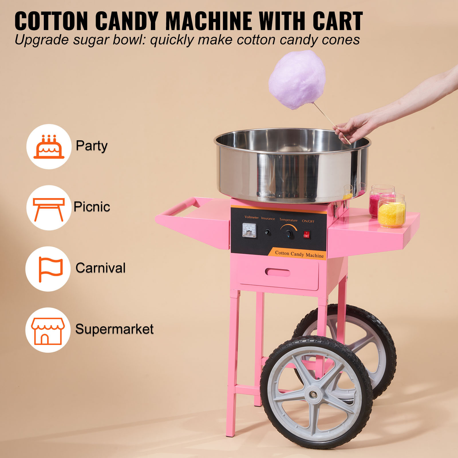 VEVOR Commercial Cotton Candy Machine with Cart Sugar Floss Maker 1000W Party