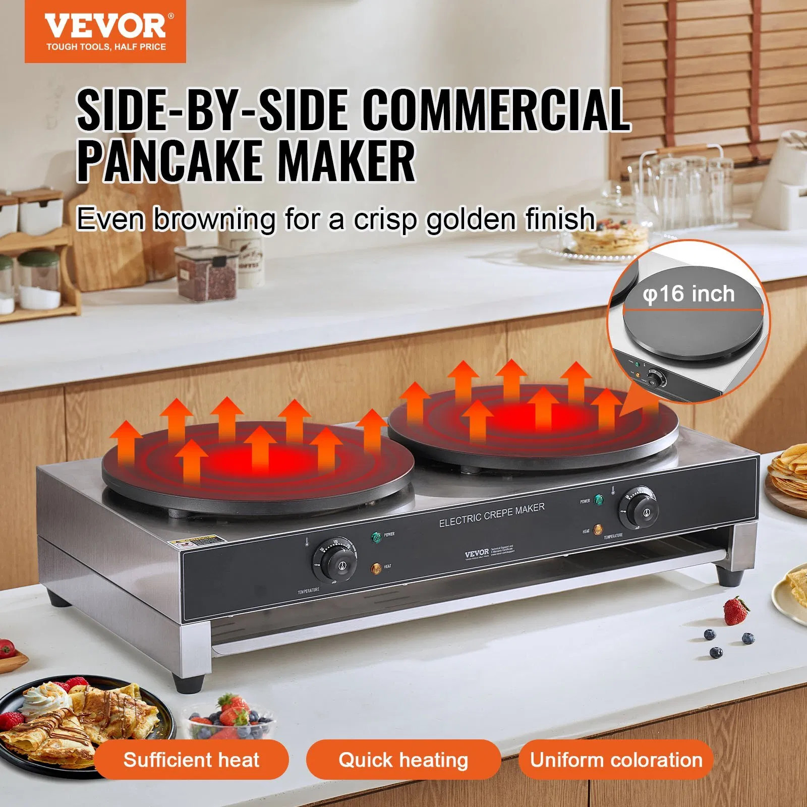 Electric Crepe Maker, 16-Inch Double Head Commercial Crepe Machine, 3400W Flat P