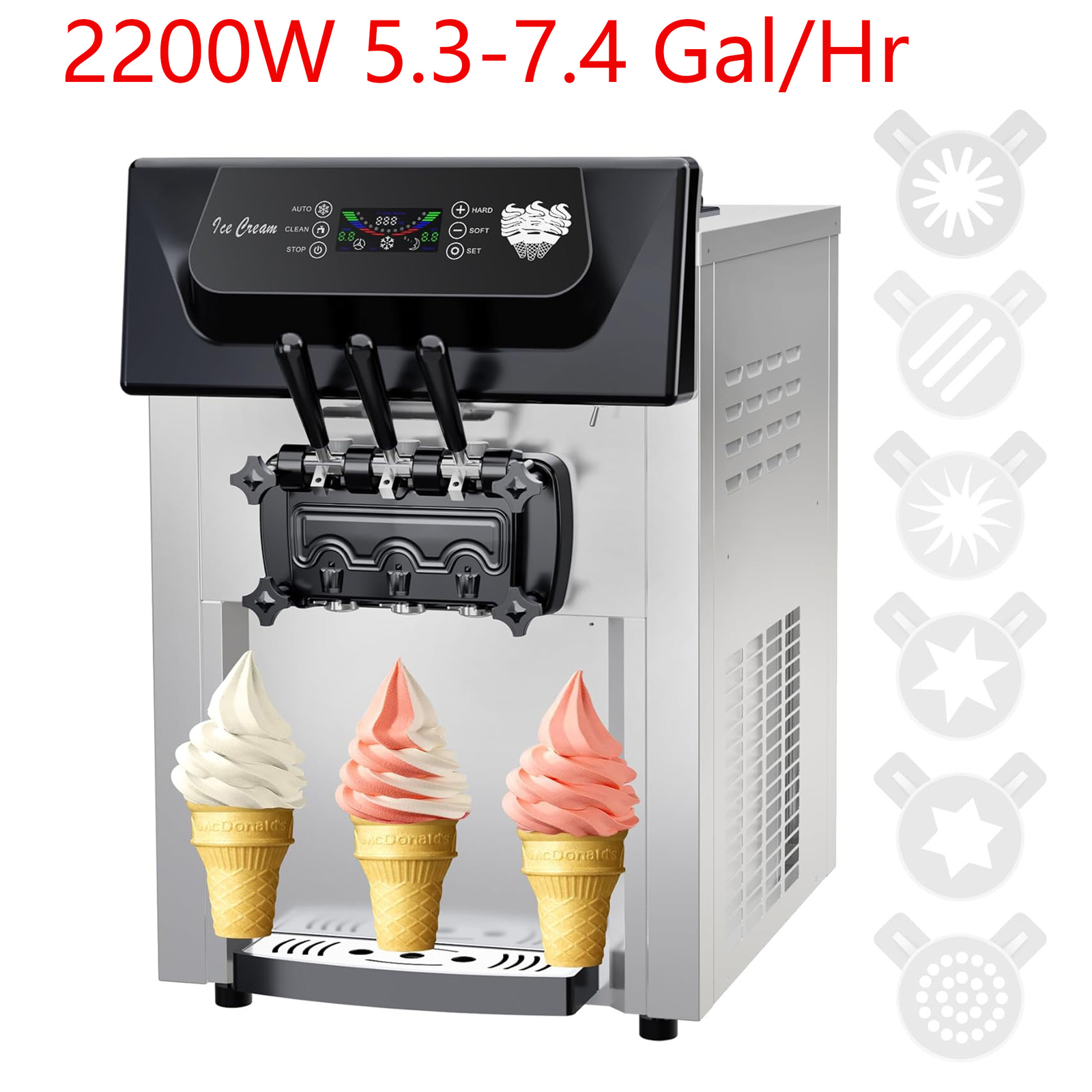 Commercial 2+1 Flavors Soft Ice Cream Maker 5.3-7.4 Gal/Hr W/ Automatic Cleaning