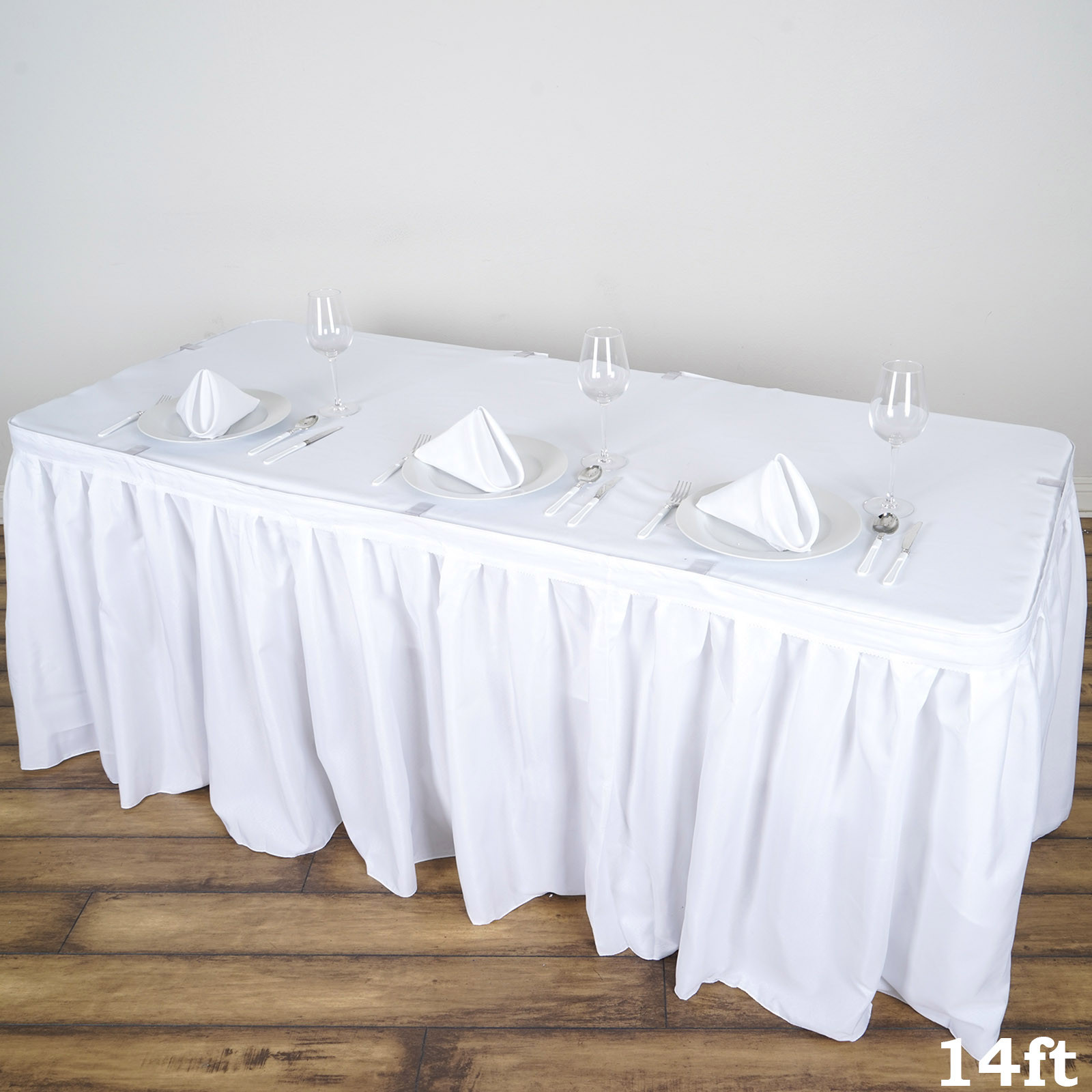 White 14 feet POLYESTER PLEATED TABLE SKIRT Tradeshow Wedding Catering Supplies