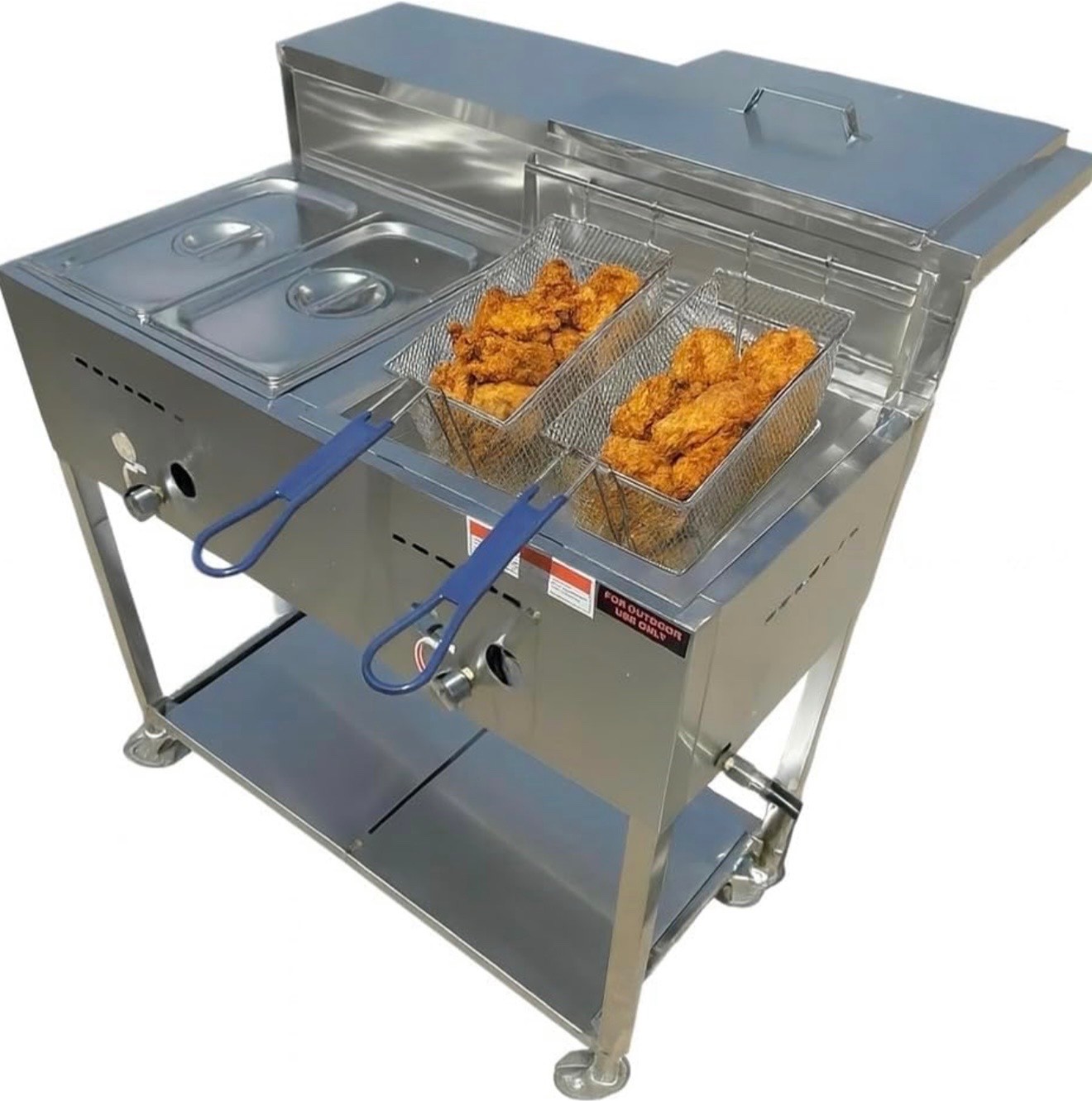 Deep Fryer Cart with 2 Pan Steam Table | Propane | Portable | Stainless Steel
