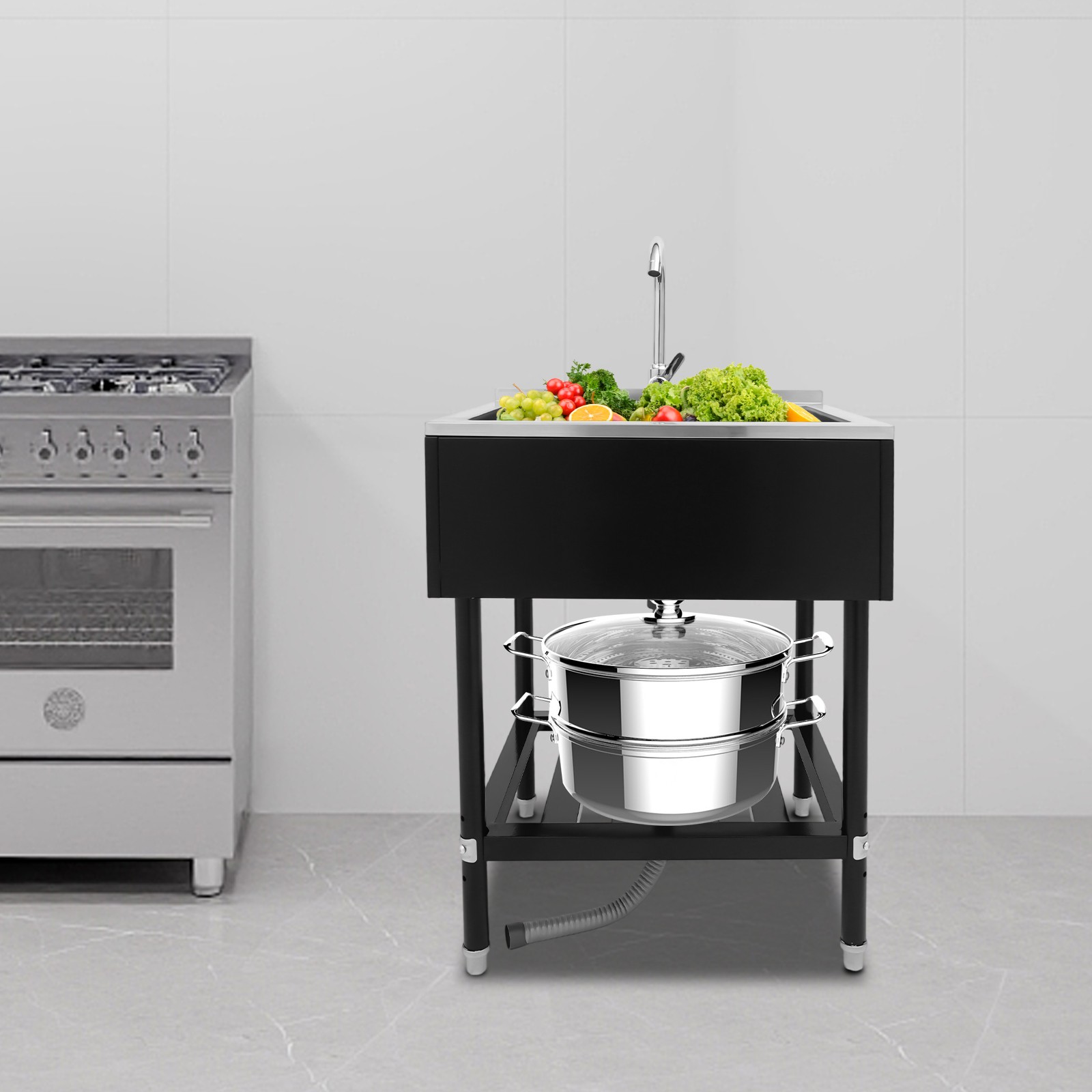 Freestanding Stainless Steel Utility Sink with Pull-Out Faucet for Kitchen
