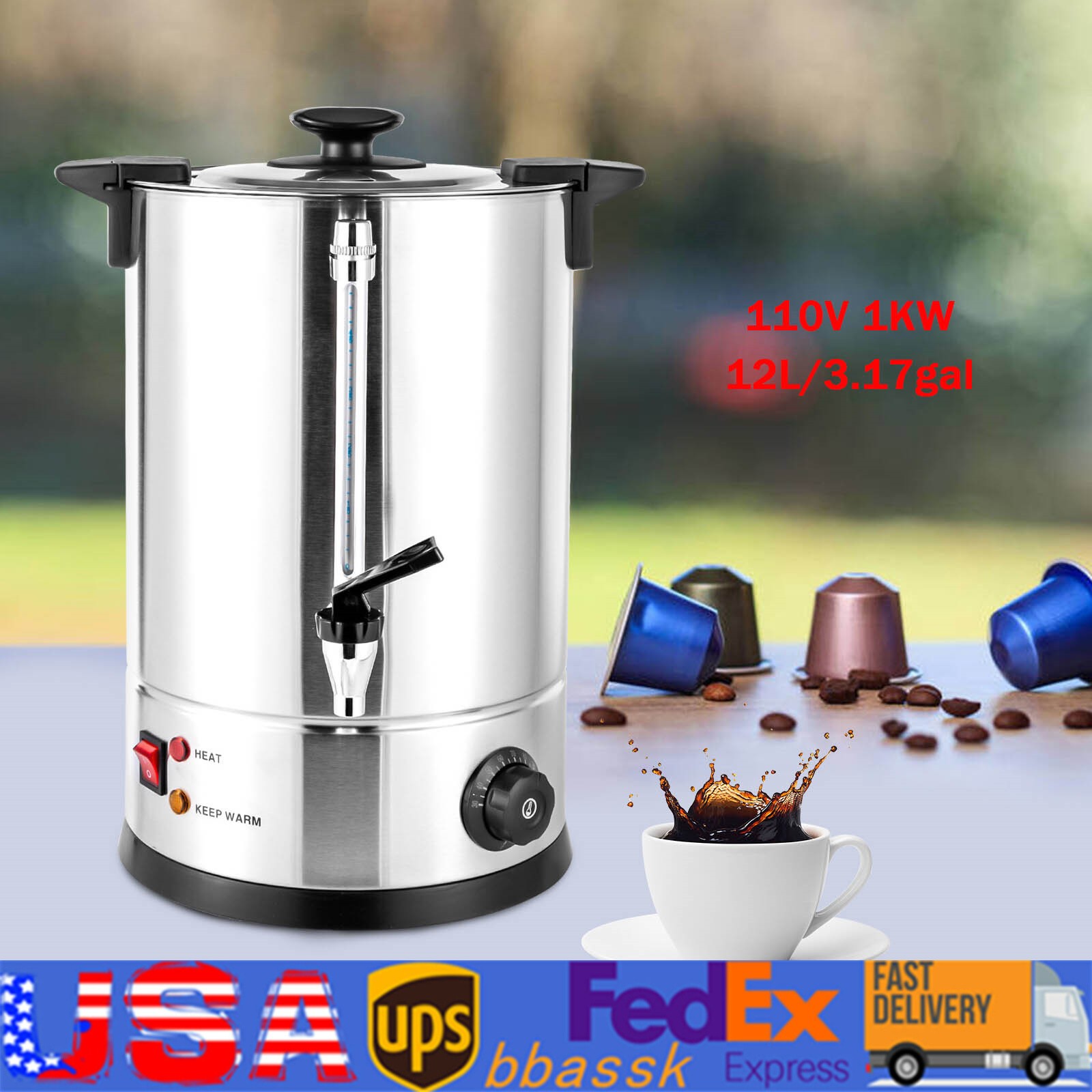12L Coffee Urn Machine Maker Big Office Commercial Hot Water Stainless Steel NEW