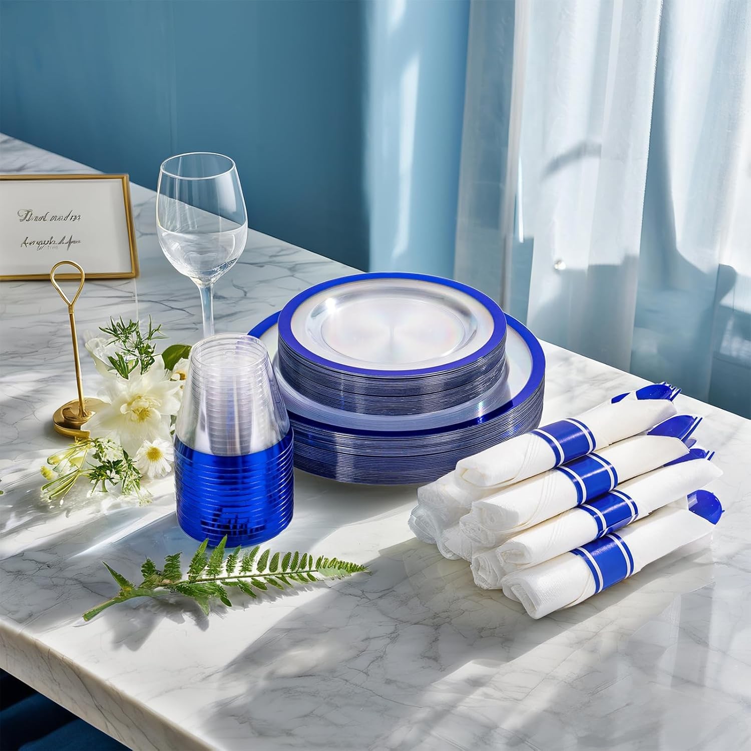 210 Pcs Dark Blue Plastic Plates, Clear Disposable Plates for 30 Guests, Blue
