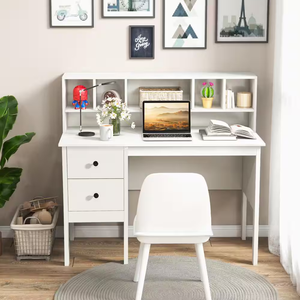 47 In. H Regular White Engineered Wood 2-Drawer Computer Desk Assemble