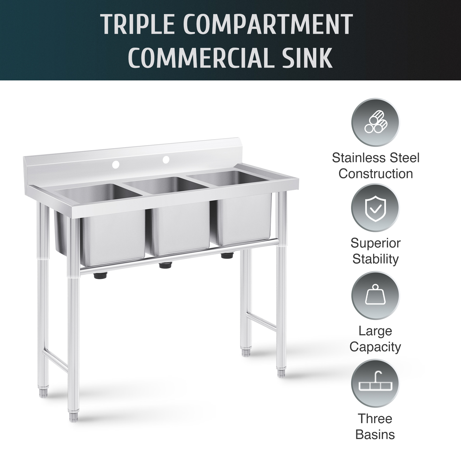 WILPREP Professional Stainless Steel 3 Compartment Commercial Utility&Prep Sink