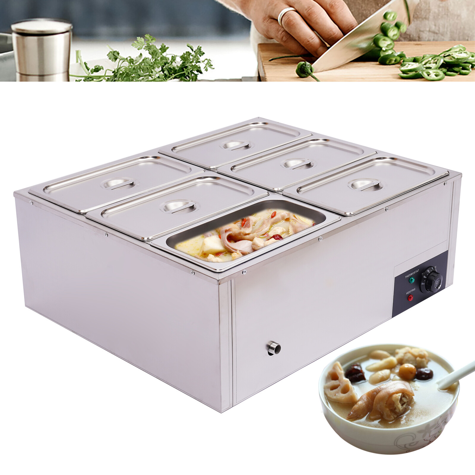 Electric 6-Pot Stainless Steel Food Warmer 850W 30–85°C Bain Marie Countertop