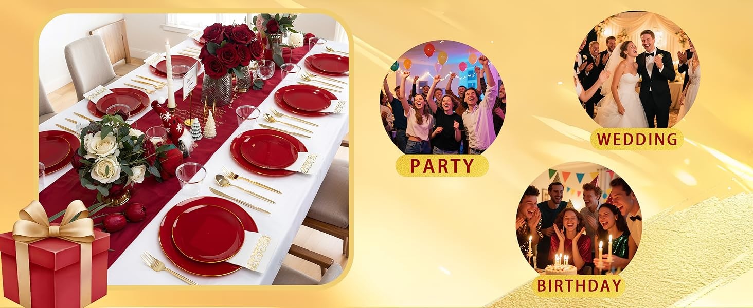 MirthMood 210pcs Red Plastic Plates,Disposable Red Gold Party Plates,Include 30