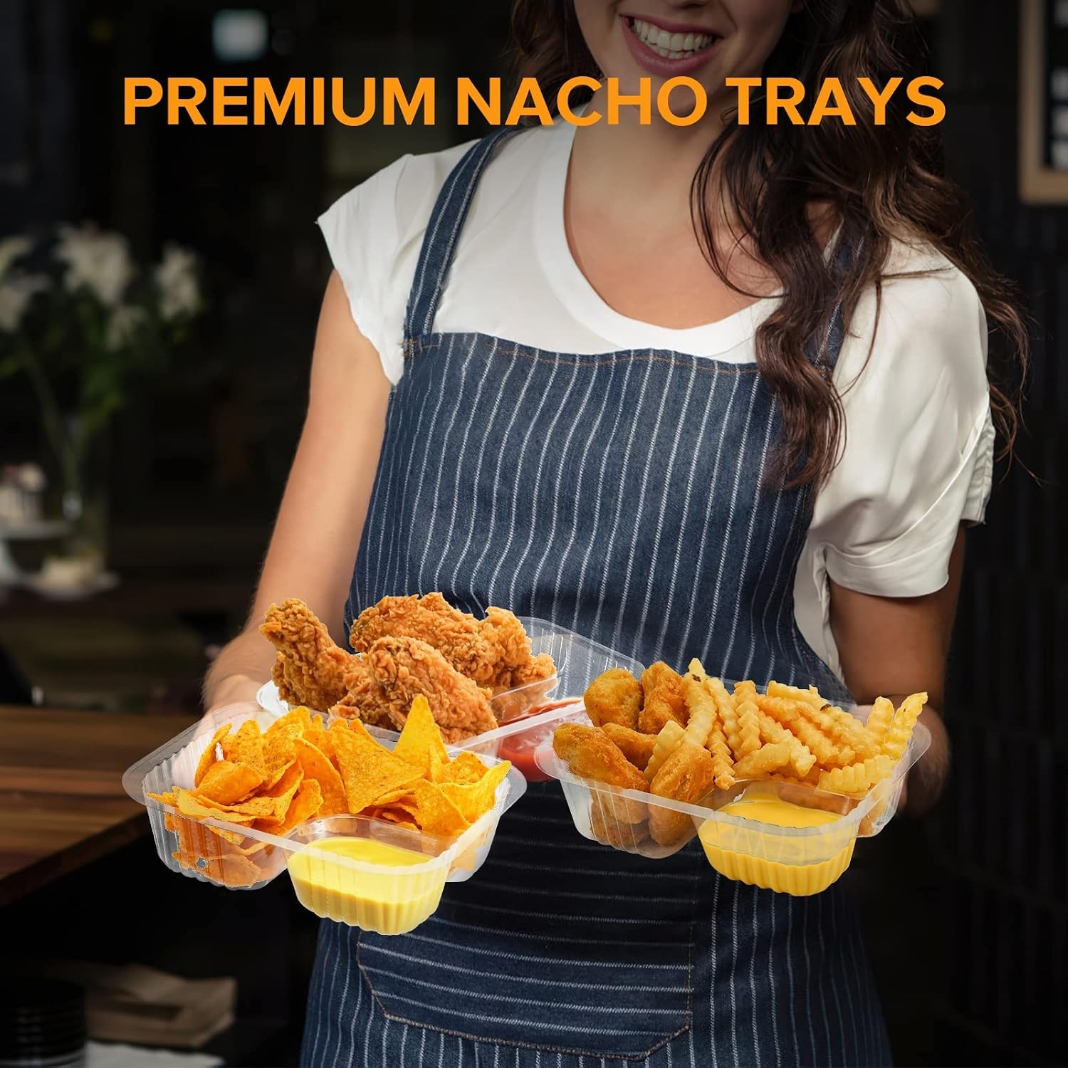 100 Pcs Nacho Trays – Large 6″x8″ Disposable 22 Oz – 2 Compartments Clear