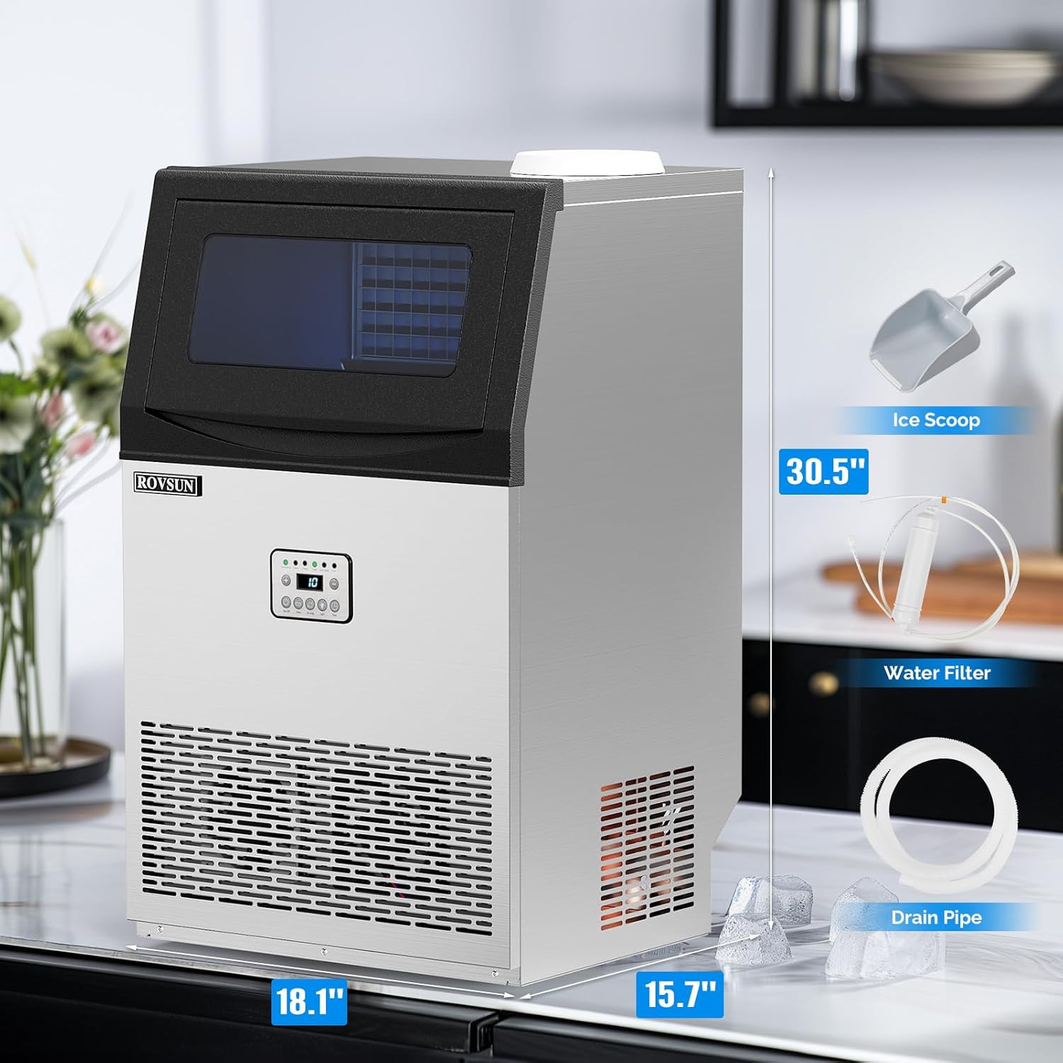 110LBS/24H Commercial Ice Maker Machine with 50Lbs Storage Bin, Freestanding/Cou