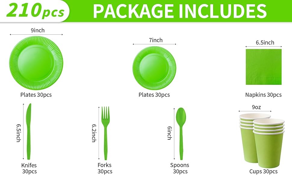 210pcs green Plates And Cups Party Supplies -Green Party Plates Plastic