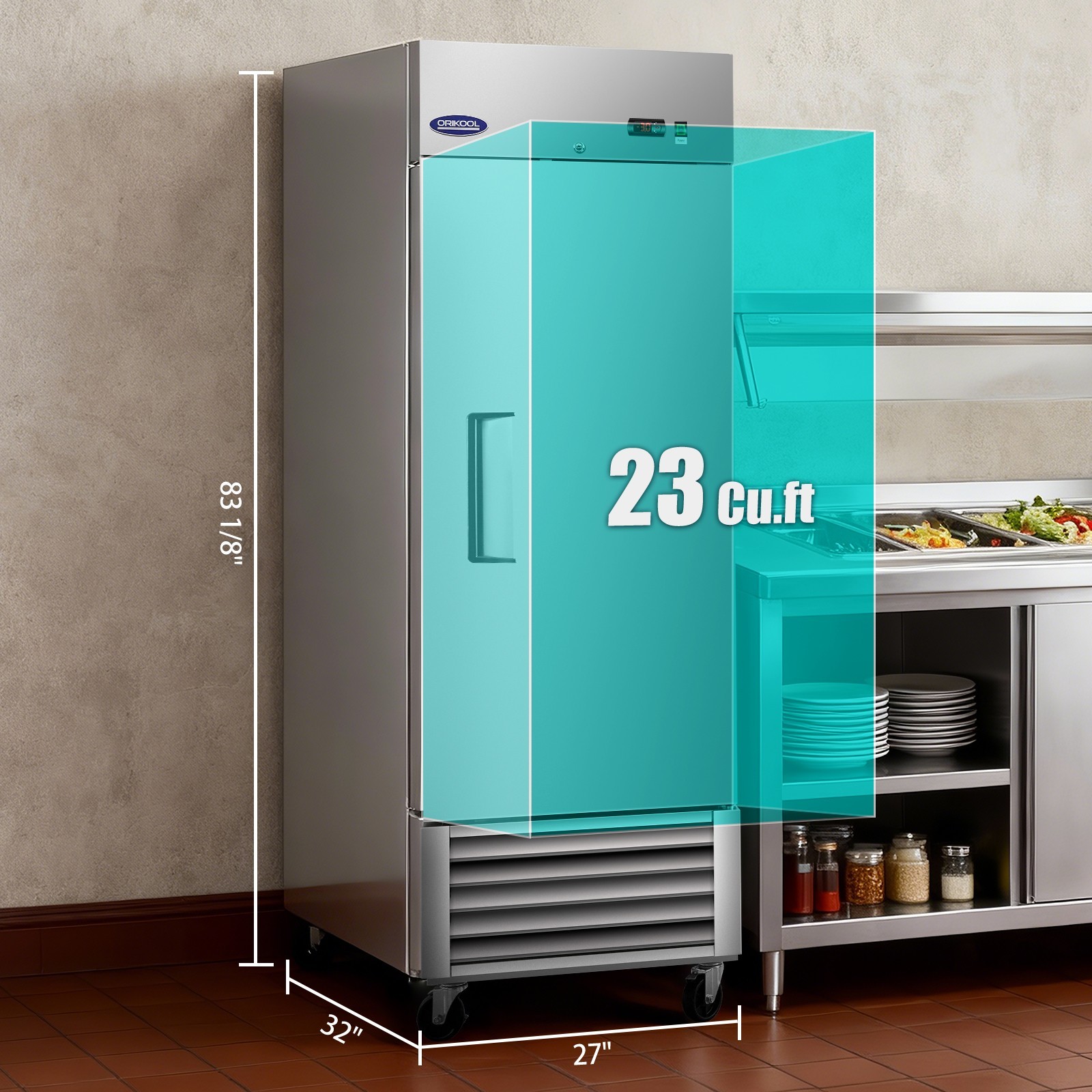 27″ Commercial Stainless Steel Fridge 23CuFt, 3 Adj Shelves, Digital Temp LED