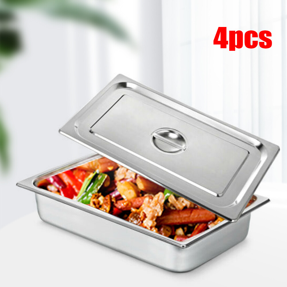 4-Pack Hotel Pans Commercial Steam Table Pan w/ Lid Stainless Steel Food Pan US