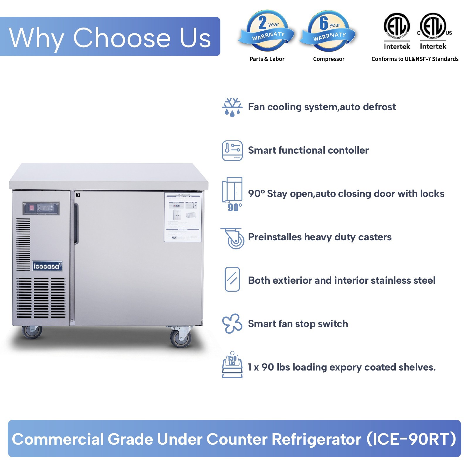 ICECASA 36″ Commercial Worktop Refrigerator Stainless Steel Undercounter Fridge