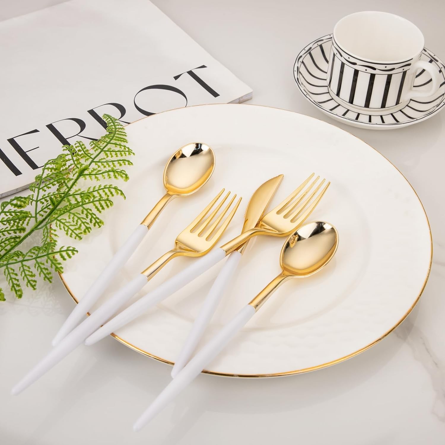 144Pcs Gold Plastic Silverware, Gold Plastic Utensils Set,Disposable Utensils