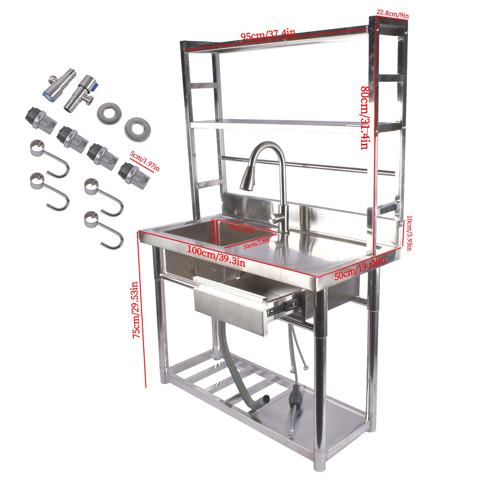 35.4»/39.3» Stainless Steel Sink Commercial Single Bowl with Pull-Out Faucet