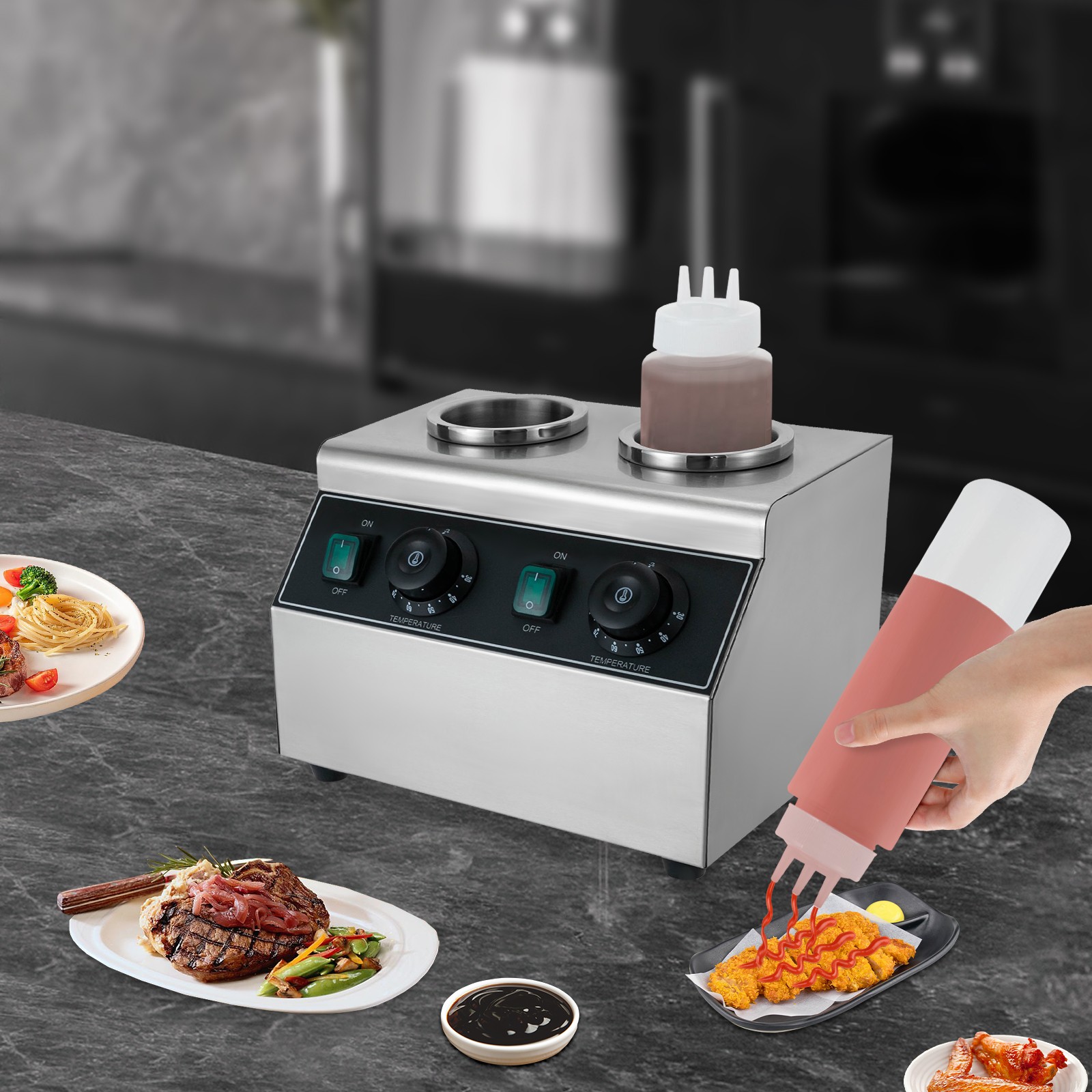 400W 86-176°F Sauce Bottle Warmer 2-Head Electric Sauce Warmer Chocolate Warmer