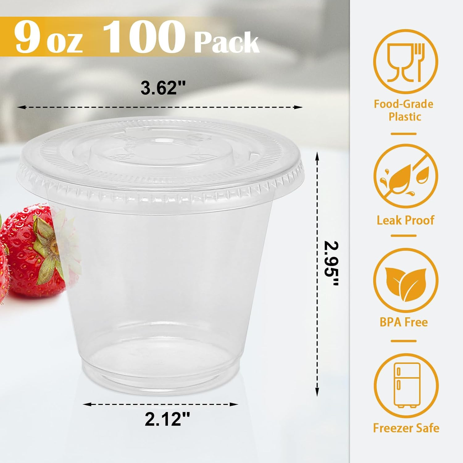 100 Pack 9 Oz Clear Plastic Cups with Lids, Disposable Cups with Flat Lids No Ho