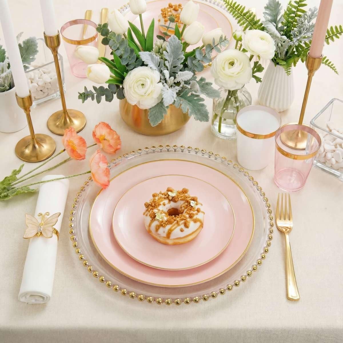 210Pcs Plastic Pink Plates with Gold Plastic Silverware Set Include 30Pink