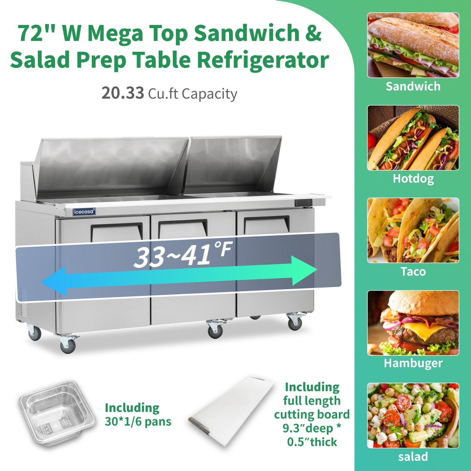 72″ Mega Top Sandwich Prep Table, ICECASA 3 Door Food Bain Marie Cooler, 30 Pans