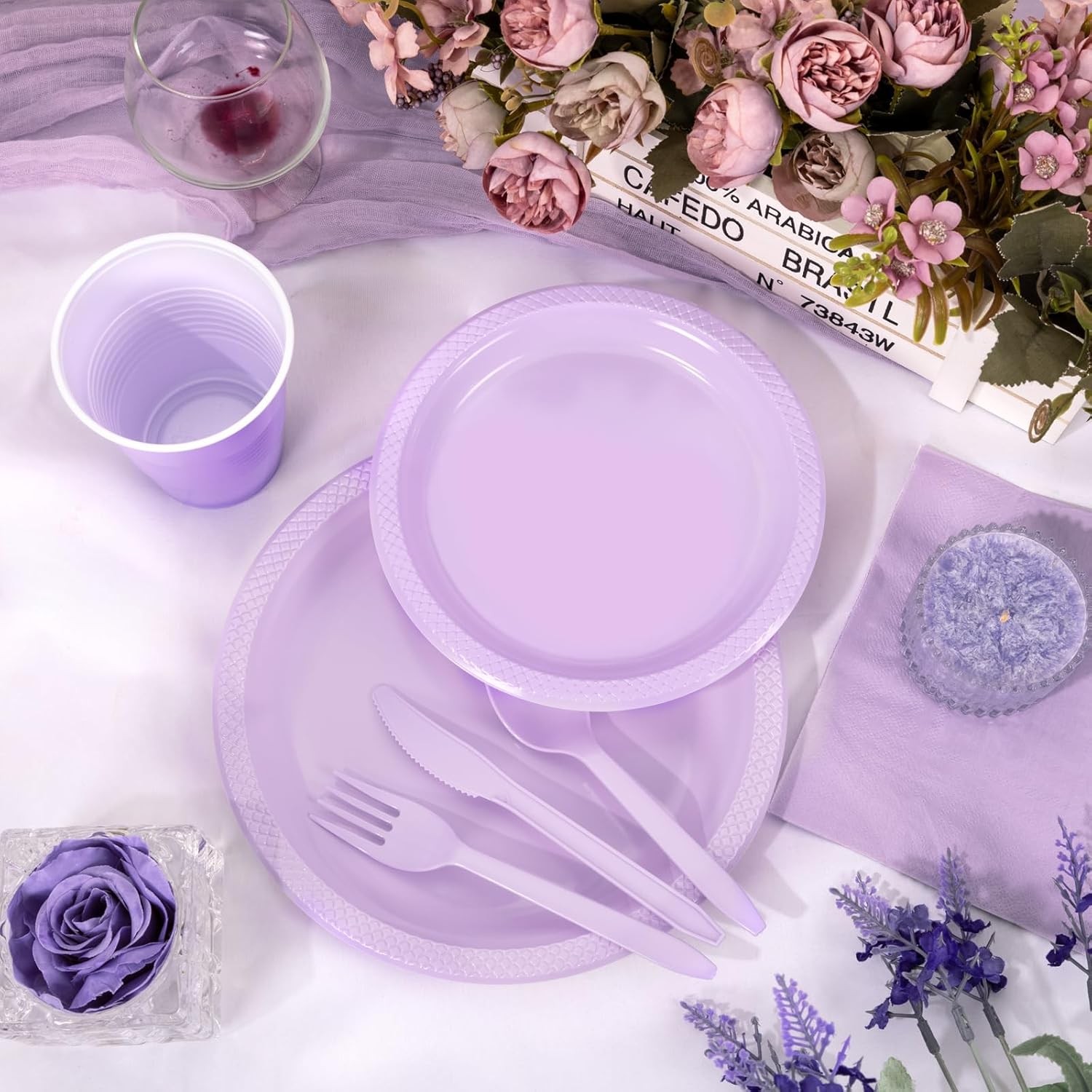 210Pcs Lavender Plates,Light Purple Plastic Dinnerware Set,Party Supplies
