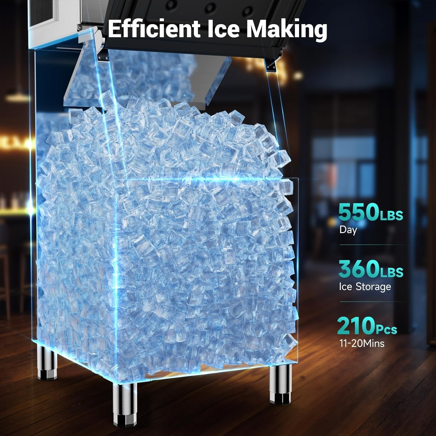 560LBS/24H Commercial Ice Maker Under Counter Ice Cube Machine W/ 360LBS Storage