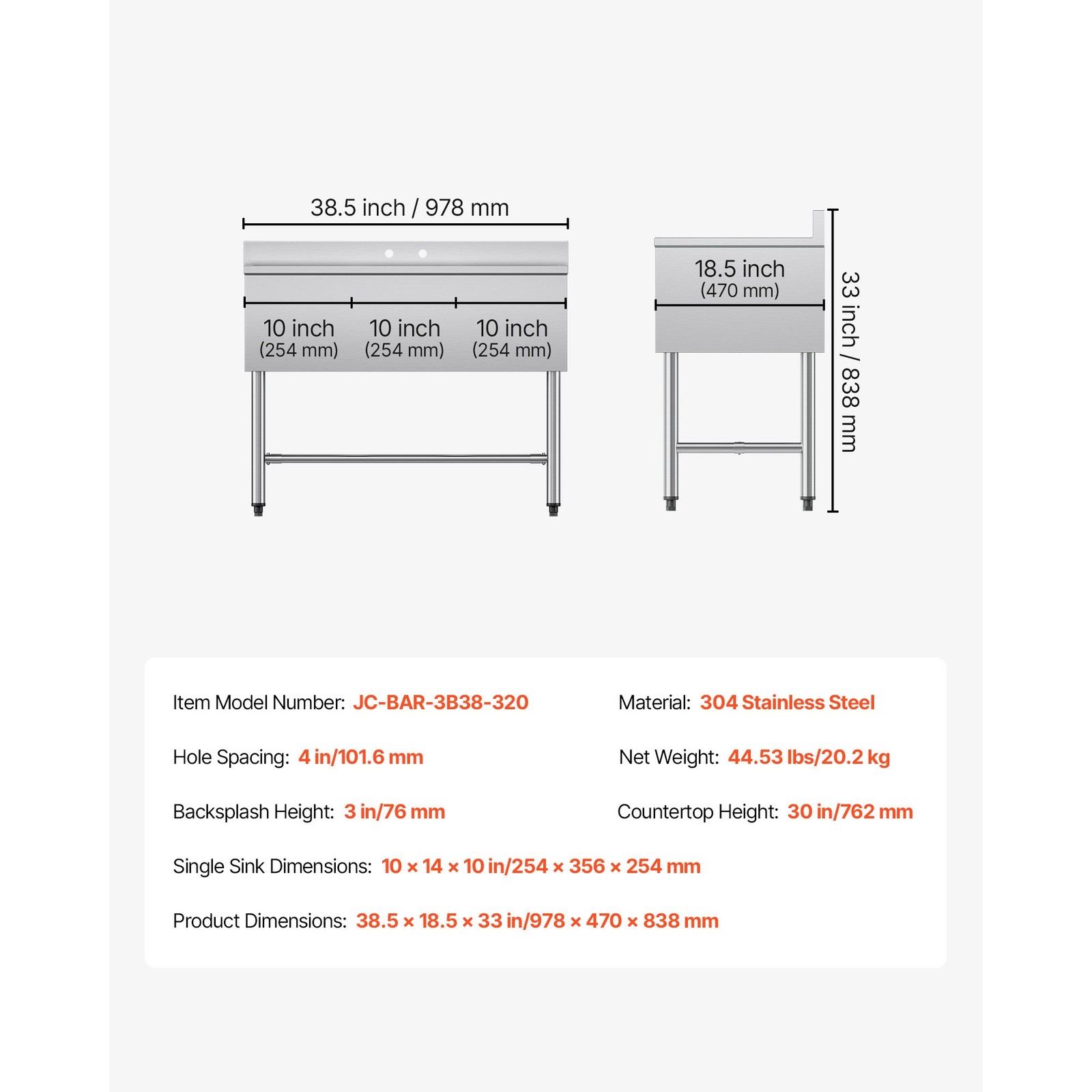 Uimoso 3-Basin Stainless Steel Sink for Commercial Kitchens, 38.5″