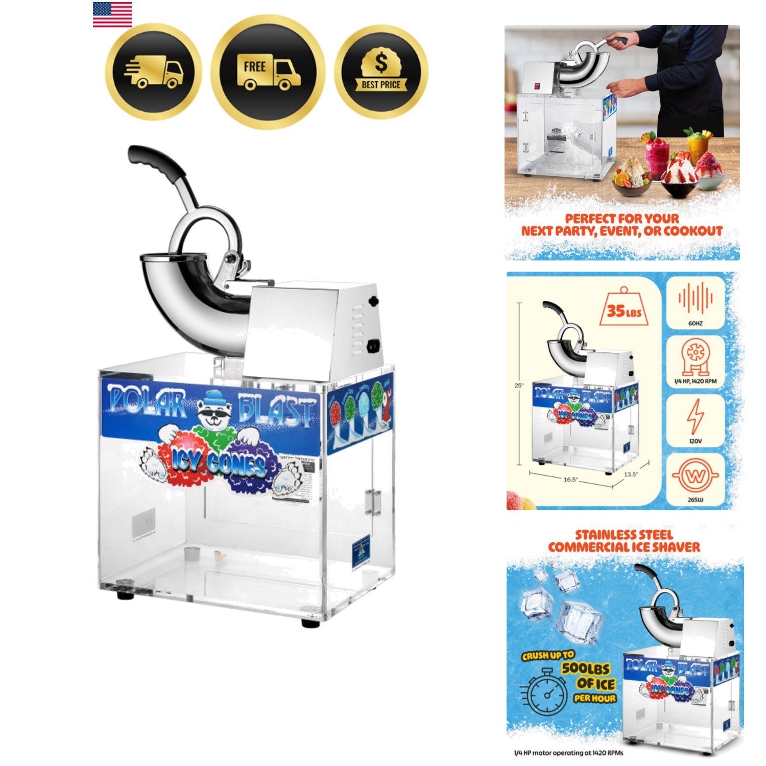 Polar Blast Snow Cone Machine – Acrylic Crushed Ice Maker Grinds Up to 500lbs…